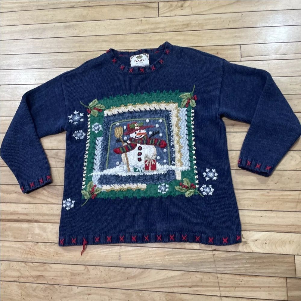 TIARA PETITES Christmas Sweater Womens M Ramie Linen Knit Blue Snowman Holiday M - Picture 3 of 16